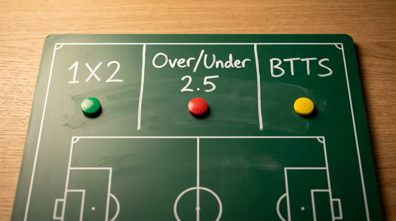 Pizarra táctica de fútbol con los mercados 1X2, Over/Under y BTTS señalados sobre el esquema del campo